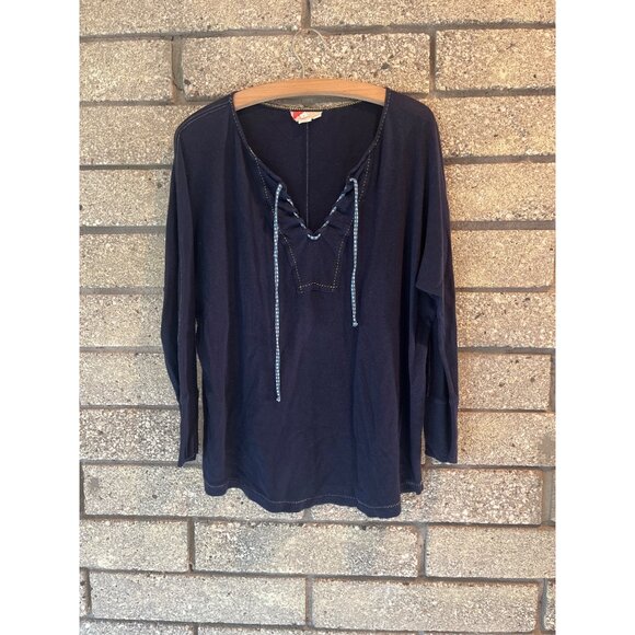 Navy Blue Long Sleeve Top With Lace-Up Neckline Yellow Stitching & Blue Patterne - Picture 1 of 8